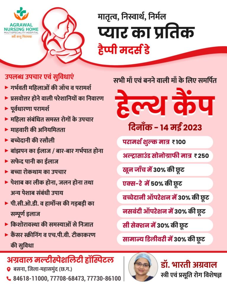 बसना – सभी माँ एवं बनने वाली माँ के लिए समर्पित अग्रवाल नर्सिंग होम बसना में 14 मई को हेल्थ कैंप.