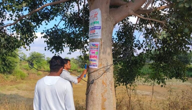 बसना : किल ठोककर लगा रहे बेनर तालाब मंदिर  किनारे पूजा जाने वाले पीपल वृक्ष का भी अनदेखा प्रचार प्रसार में निजी संस्थान इतना व्यस्थ कहा लगाना है विज्ञापन इतना भी नही है ज्ञान ।