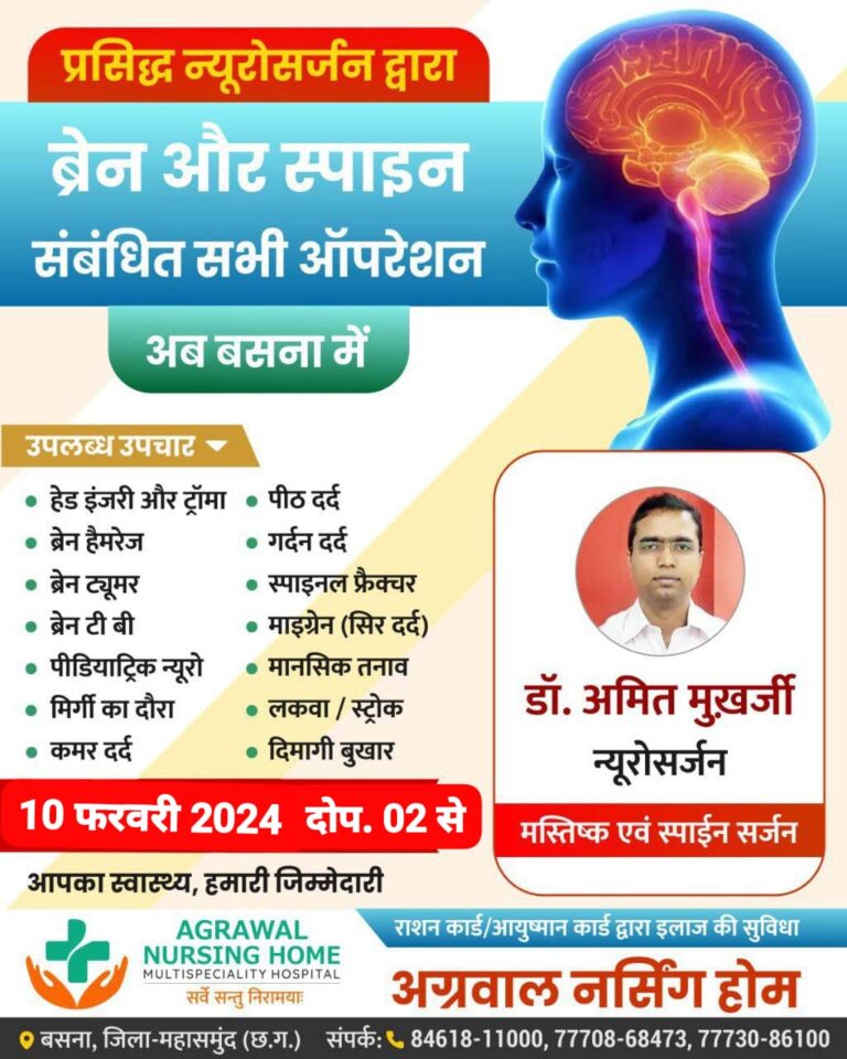 प्रसिद्ध न्यूरोसर्जन द्वारा ब्रेन और स्पाइन संबंधित सभी ऑपरेशन अब बसना के अग्रवाल नर्सिंगहोम बसना मे 