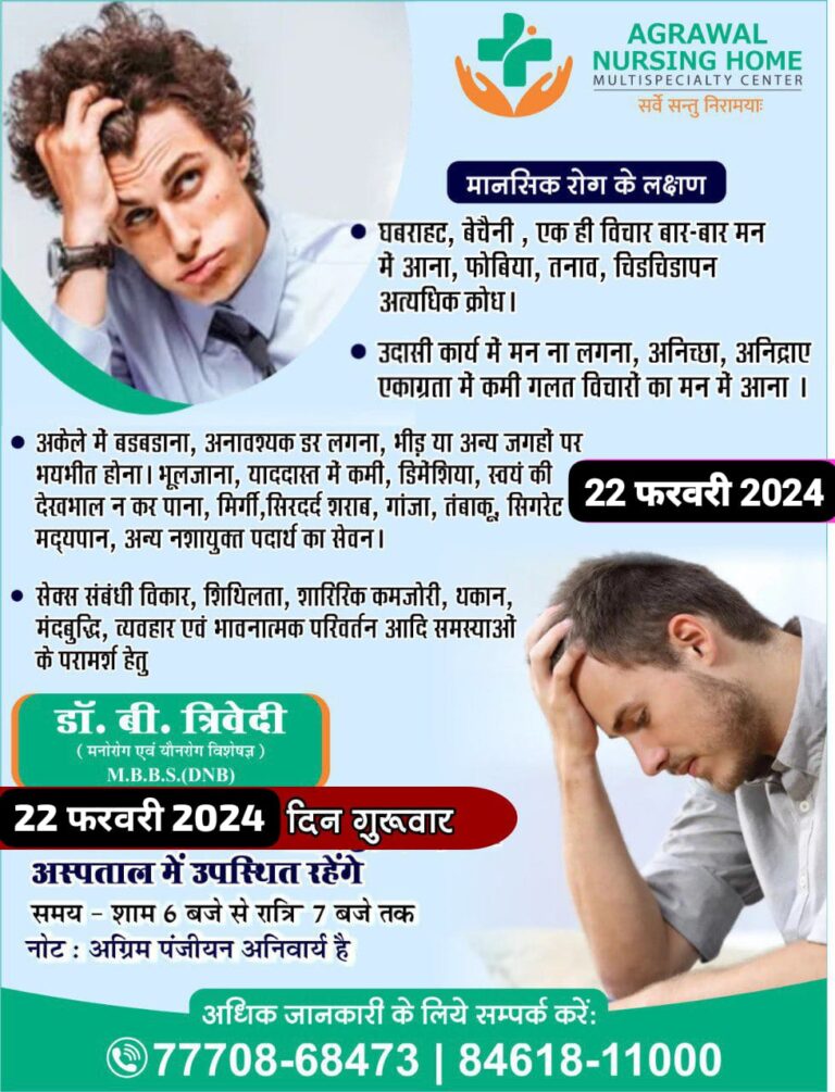 अग्रवाल नर्सिंग होम बसना मानसिक रोग के लक्षण घबराहट, बेचैनी, एक ही विचार बार-बार मन में आना, फोबिया, तनाव, चिडचिडापन अत्यधिक क्रोध ।