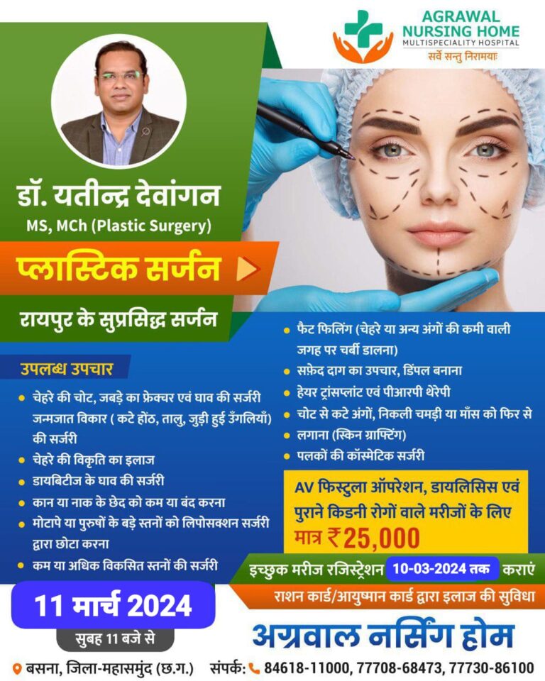 बसना : अग्रवाल नर्सिंग होम बसना में रायपुर के सुप्रसिद्ध प्लास्टिक सर्जन डॉ. यतीन्द्र देवांगन MS, MCh (Plastic Surgery) अब बसना मे