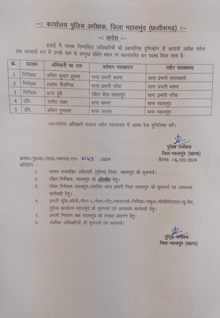 सरायपाली बसना पटेवा के थाना प्रभारियों का नविन पदस्थापना
