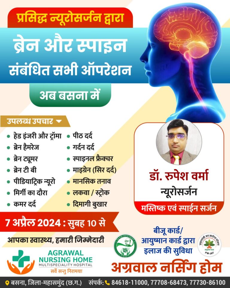 बसना : प्रसिद्ध न्यूरोसर्जन द्वारा ब्रेन और स्पाइन संबंधित सभी ऑपरेशन अब अग्रवाल नर्सिंग होम बसना में 