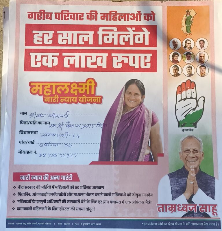 महासमुंद /महिलाओं मे असंमजस किसको करें वोट आज भी भरवाया जा रहा है महिलाओं से फ़ार्म महिलाओं मे असंमजस कांग्रेस कार्यकर्ता घर घर जाकर कर रहे 1 लाख देने की प्रचार प्रसार जिसको भाजपा प्रत्यासी रूप कुमारी ने बताया था फर्जी?