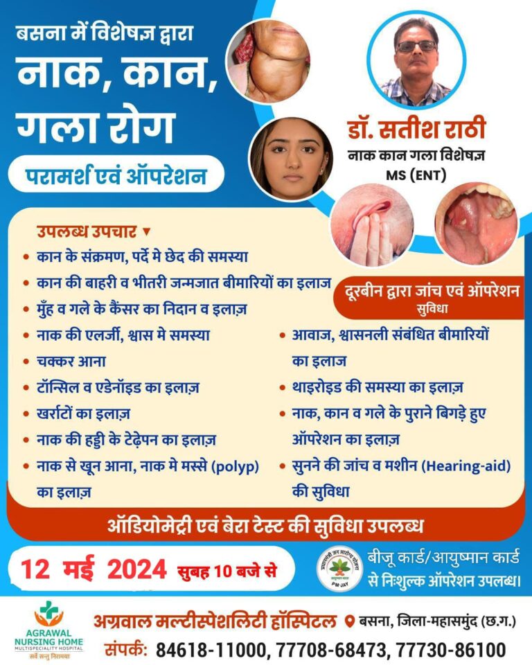 बसना अग्रवाल नर्सिंग होम में विशेषज्ञ द्वारा नाक, कान, गला रोग परामर्श एवं ऑपरेशन 12 मई 2024 सुबह 10 बजे से ऑडियोमेट्री एवं बेरा टेस्ट की सुविधा उपलब्ध