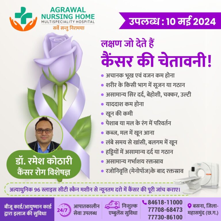 बसना : अग्रवाल नर्सिंग होम में कैंसर रोग विशेषज्ञ डॉ. रमेश कोठारी उपलब्ध 10 मई 2024