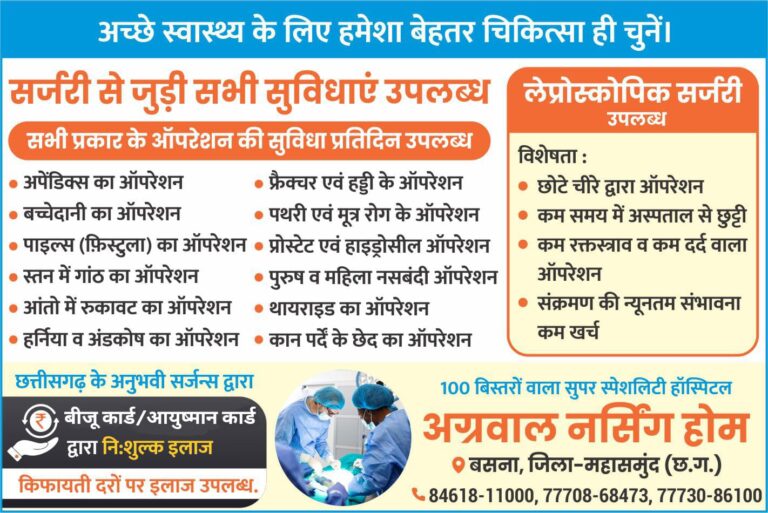 बसना : अग्रवाल नर्सिंग होम में सर्जरी से जुड़ी सभी सुविधाएं उपलब्ध लेप्रोस्कोपिक सर्जरी सभी प्रकार के ऑपरेशन की सुविधा प्रतिदिन उपलब्ध बसना मे