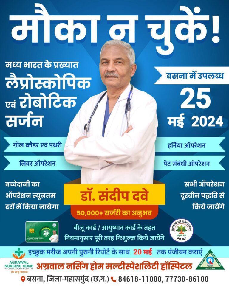 बसना : मध्य भारत के प्रख्यात लैप्रोस्कोपिक एवं रोबोटिक सर्जन डॉ. संदीप दवे अब अग्रवाल नर्सिंग होम में 25 मई 2024 को