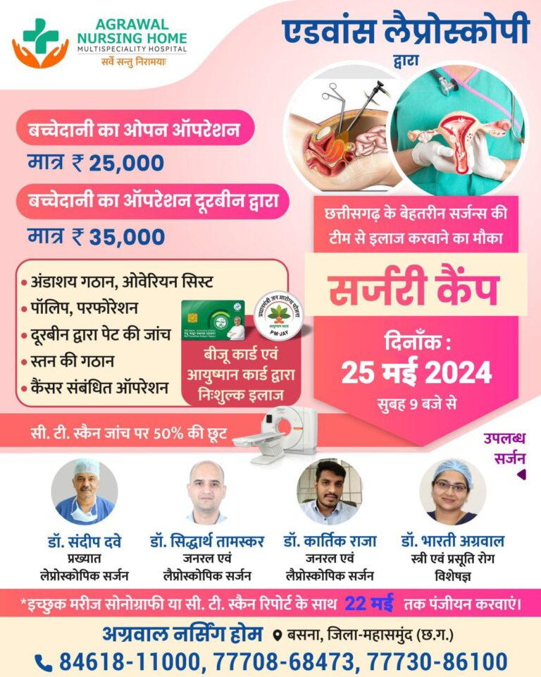 बसना : छत्तीसगढ़ के बेहतरीन सर्जन्स की टीम अग्रवाल नर्सिंग होम में 25 मई 2024 सुबह 9 बजे से
