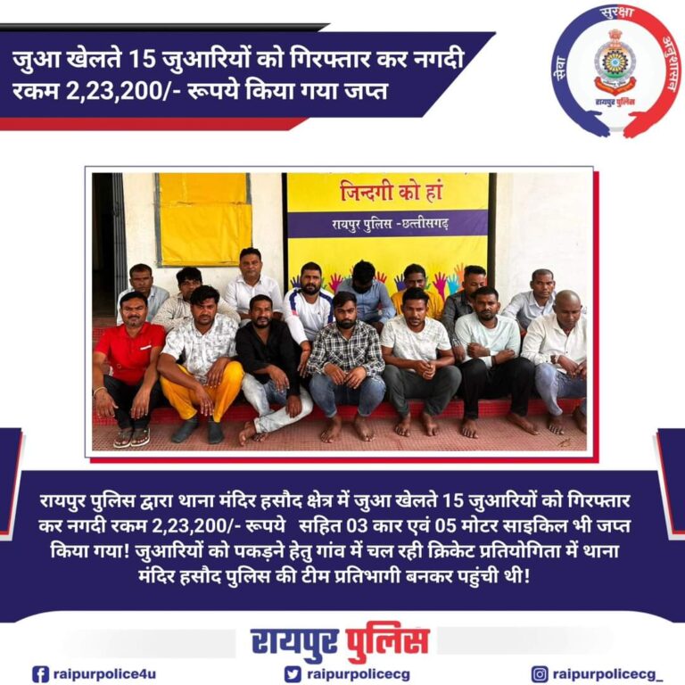 रायपुर / जुआरियों को पकड़ने पुलिस ने बनाया ऐसा प्लान थाना पंहुचा प्रतिभागी बनकर मंदिर हसौद क्षेत्र में जुआ खेलते 15 जुआरियों को गिरफ्तार कर नगदी रकम 2,23,200/- रुपए जब्त किया गया। इसके साथ ही 3 कार एवं 5 मोटर साइकिल भी जब्त किया गया है।