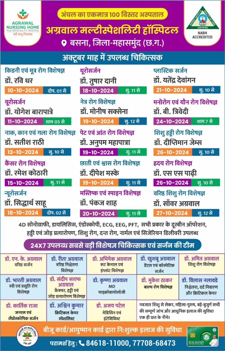 AGRAWAL NURSING HOME MULTISPECIALITY HOSPITAL सर्वे सन्तु निरामया • अंचल का एकमात्र 100 बिस्तर अस्पताल अग्रवाल मल्टीस्पेशलिटी हॉस्पिटल o बसना, जिला- महासमुंद (छ.ग.) किडनी एवं मूत्र रोग विशेषज्ञ
