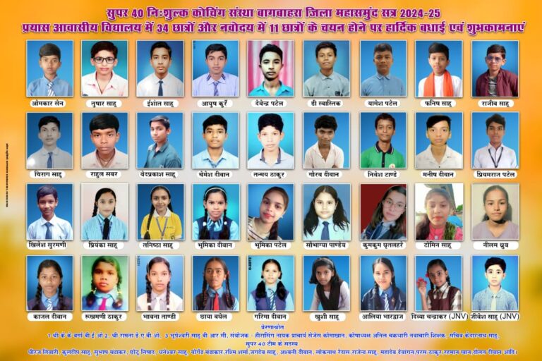 महासमुंद -/ सुपर 40 निःशुल्क कोचिंग संस्था बागबाहरा ने फिर किया धमाल!प्रयास परीक्षा में 34 बच्चों ने मारी बाज़ी,नवोदय में 11 बच्चो का इस साल हुआ है चयन 