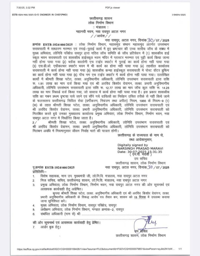 सरायपाली / जाँच मे भारी गड़बड़ी पाए जाने पर PWD के दो जिम्मेदार अधिकारियों को निलंबित कर दिया गया है।