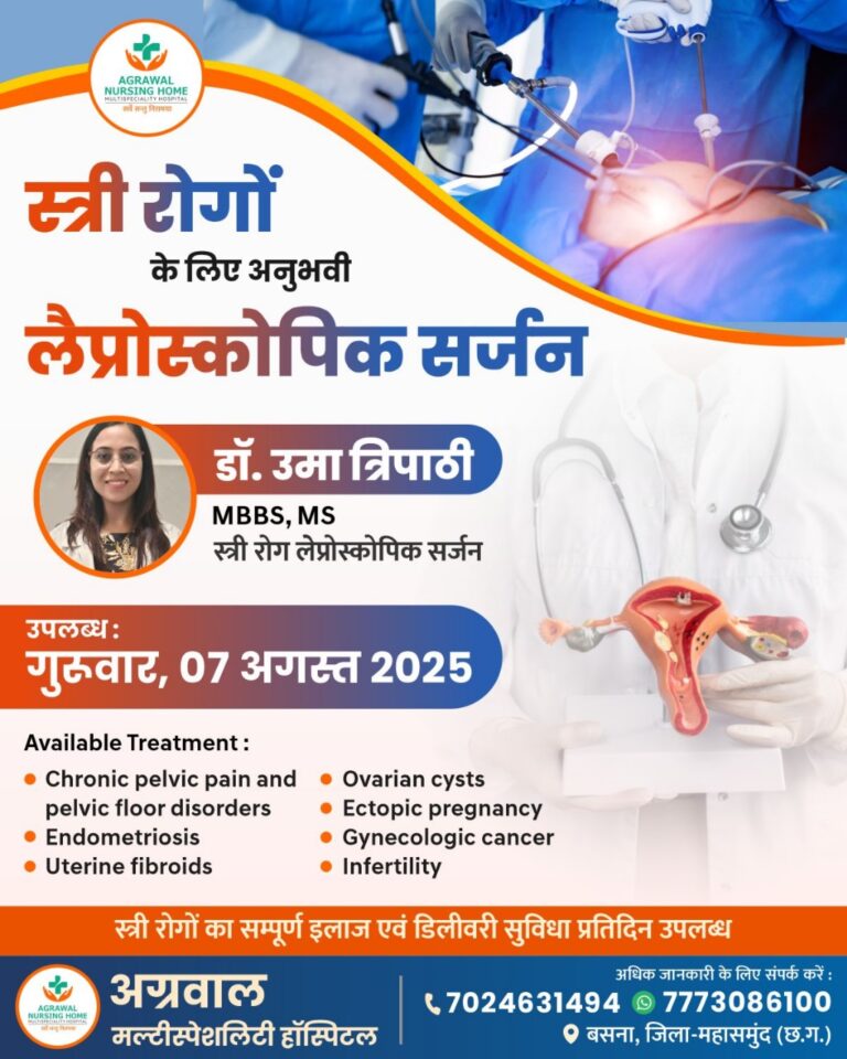 महासमुंद : बसना में महिलाओं के लिए बड़ी सुविधा: अग्रवाल नर्सिंग होम में स्त्री रोग विशेषज्ञ डॉ. उमा त्रिपाठी अब हर गुरुवार को उपलब्ध