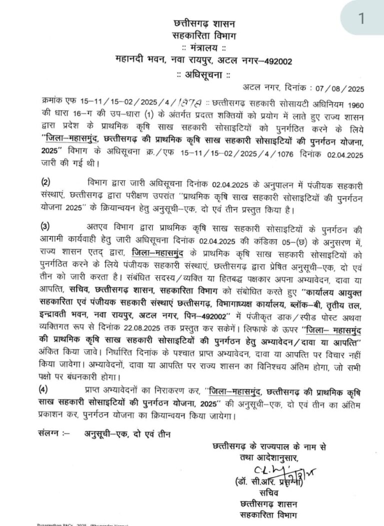 महासमुंद जिले में प्राथमिक कृषि साख सहकारी सोसायटियों का पुनर्गठन, 22 अगस्त तक दर्ज कर सकेंगे आपत्ति