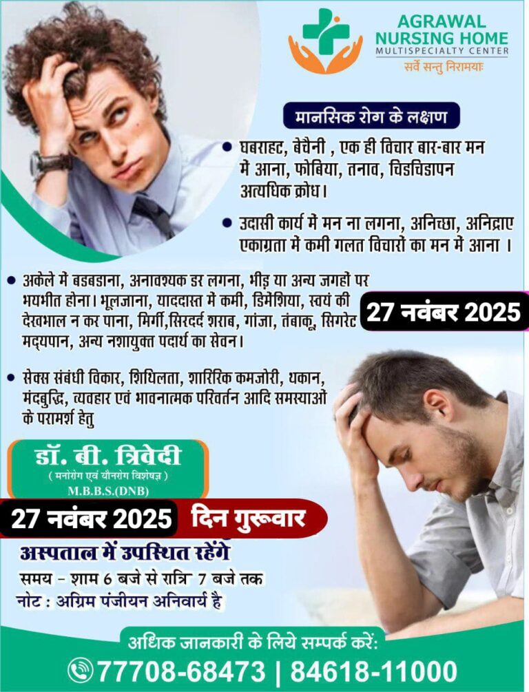 मानसिक रोगों के इलाज के लिए विशेषज्ञ डॉक्टर बी. त्रिवेदी होंगे उपलब्ध अग्रवाल नर्सिंग होम बसना में 27 नवंबर को परामर्श शिविर