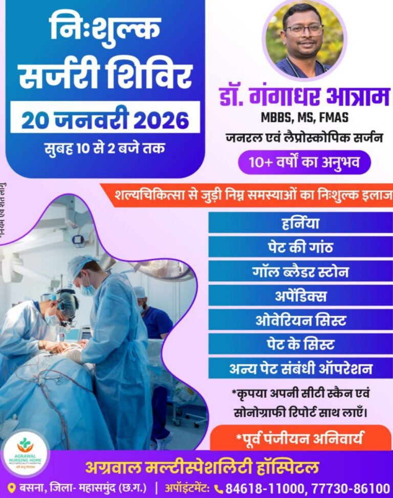 बसना अग्रवाल मल्टीस्पेशलिटी हॉस्पिटल, में 20 जनवरी सुबह 10 बजे से दोपहर 2 तक लगेगा निःशुल्क सर्जरी शिविर में डॉ.गंगाधर आत्राम देंगे सेवाएं 