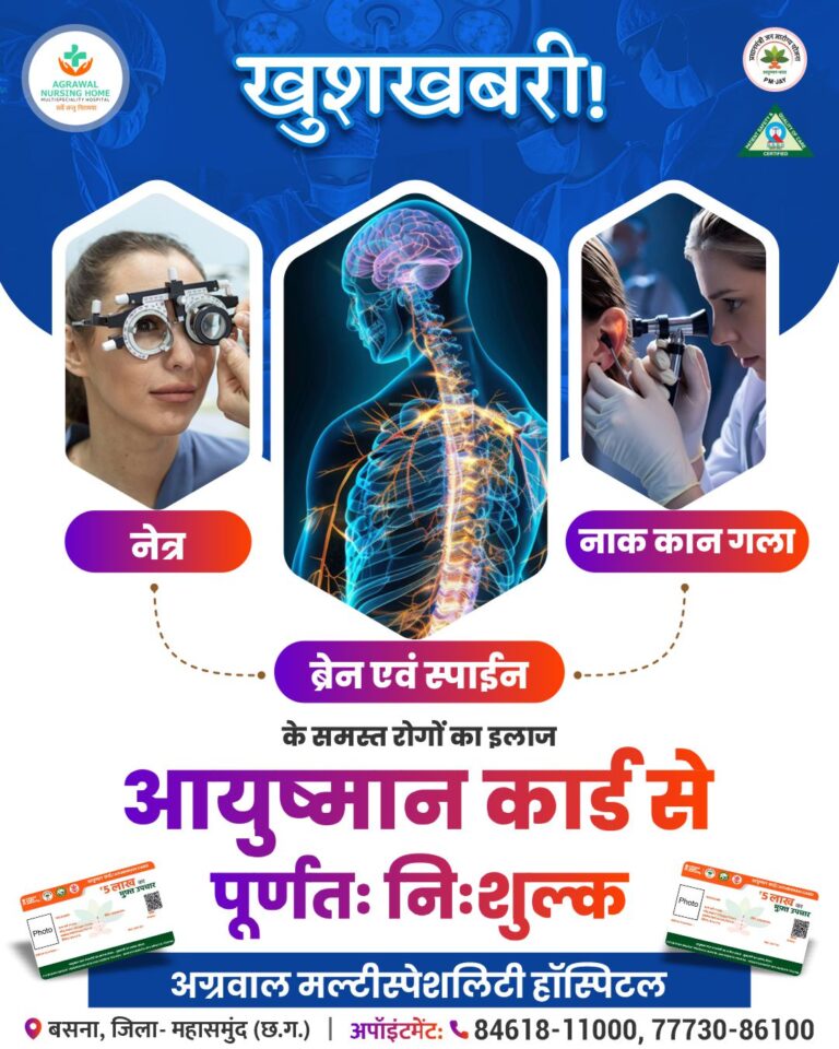 बसना अग्रवाल मल्टीस्पेशलिटी हॉस्पिटल में खुशखबरी: आयुष्मान कार्ड से ब्रेन, स्पाइन, नेत्र एवं नाक-कान-गला रोगों का निःशुल्क उपचार