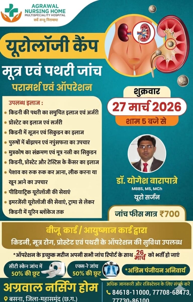 बसना अग्रवाल नर्सिंग होम में डॉ. योगेश बारापात्रे के निर्देशन में यूरोलॉजी कैंप 27 मार्च को शाम 5 बजे से शुरू