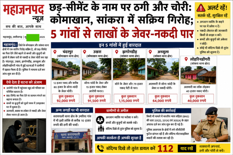 महासमुंद: छड़-सीमेंट के नाम पर ठगी और चोरी: कोमाखान, सांकरा में सक्रिय गिरोह; 5 गांवों से लाखों के जेवर-नकदी पार सतर्क रहने की जरूरत बच्चों करें सावधान कई शिकायत नहीं पहुंचा थाने तक