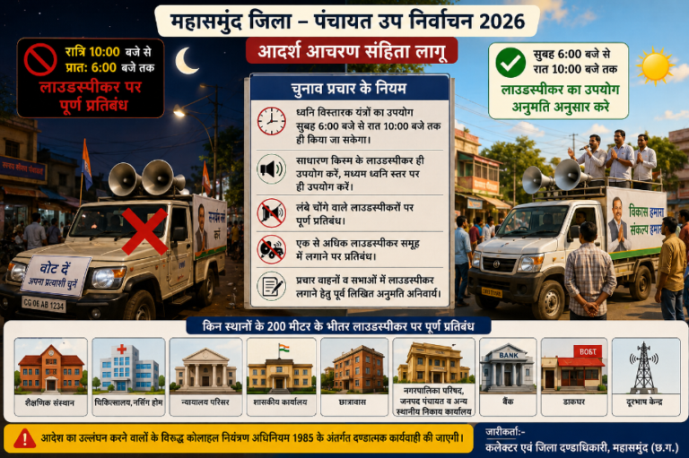 महासमुंद: सरायपाली बसना सहित जिले भर में निर्वाचन क्षेत्रों में आदर्श आचरण संहिता प्रभावशील, रात्रि 10 बजे से सुबह 6 बजे तक लाउडस्पीकर प्रतिबंधित कैसे करे प्रचार क्या है नियम पढ़े पूरी खबर!