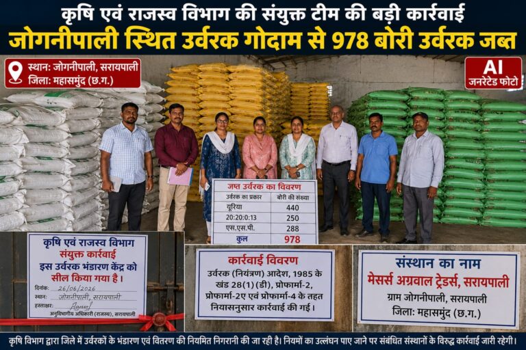 सरायपाली में गोदाम सील: कृषि एवं राजस्व विभाग की संयुक्त टीम की बड़ी कार्रवाई, 978 बोरी उर्वरक जब्त