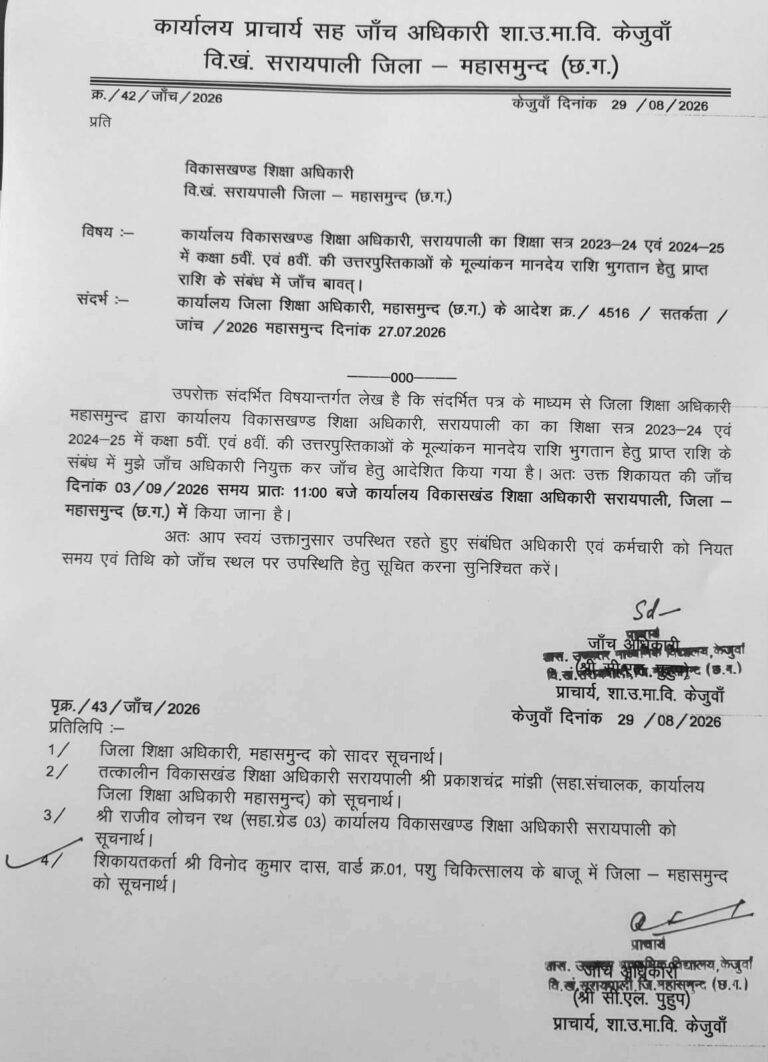 CG सरायपाली / कक्षा 5वीं-8वीं की कॉपियों के मूल्यांकन मानदेय पर विवाद, डीईओ के आदेश पर जांच शुरू