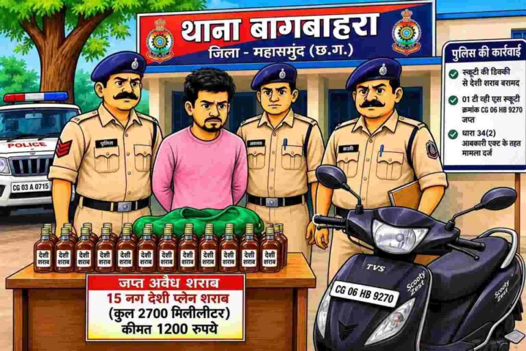 बागबाहरा में अवैध शराब के खिलाफ कार्रवाई, स्कूटी की डिक्की से 15 पव्वे जब्त