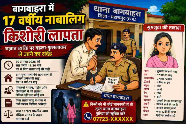 महासमुंद/बागबाहरा में 17 वर्षीय नाबालिग किशोरी लापता, अज्ञात व्यक्ति पर बहला-फुसलाकर ले जाने का संदेह