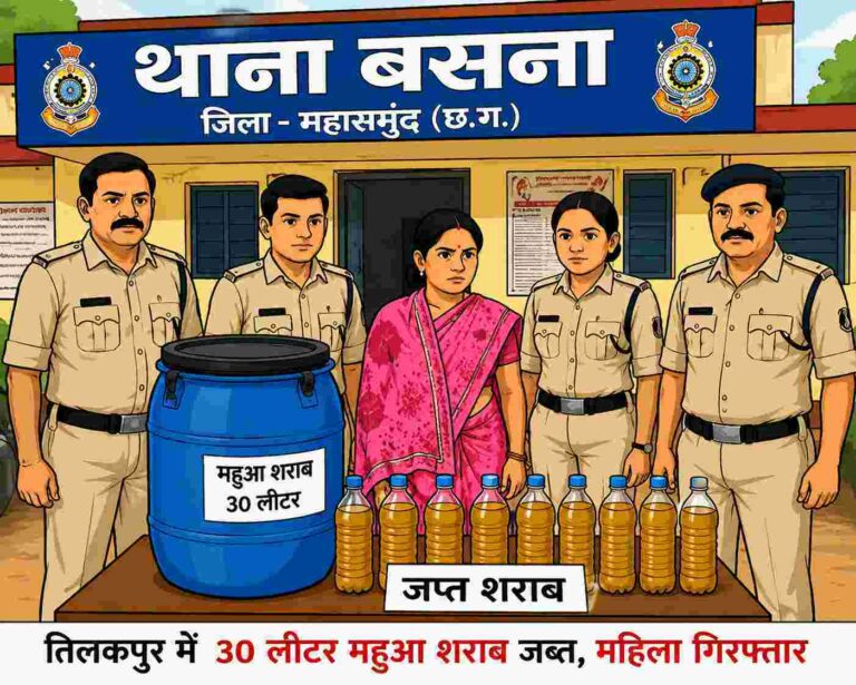 बसना/तिलकपुर में 30 लीटर महुआ शराब जब्त, महिला गिरफ्तार
