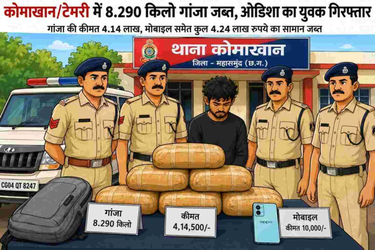 कोमाखान/टेमरी में 8.290 किलो गांजा जब्त, ओडिशा का युवक गिरफ्तार
