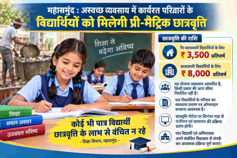 महासमुंद : अस्वच्छ व्यवसाय में कार्यरत परिवारों के विद्यार्थियों को मिलेगी प्री-मैट्रिक छात्रवृत्ति