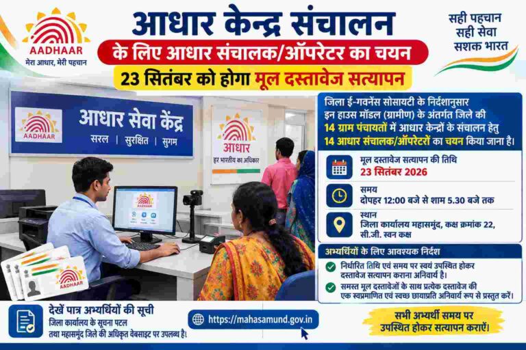 महासमुंद : आधार केन्द्र संचालन के लिए आधार संचालक/ऑपरेटर का चयन, 23 सितंबर को होगा मूल दस्तावेज सत्यापन